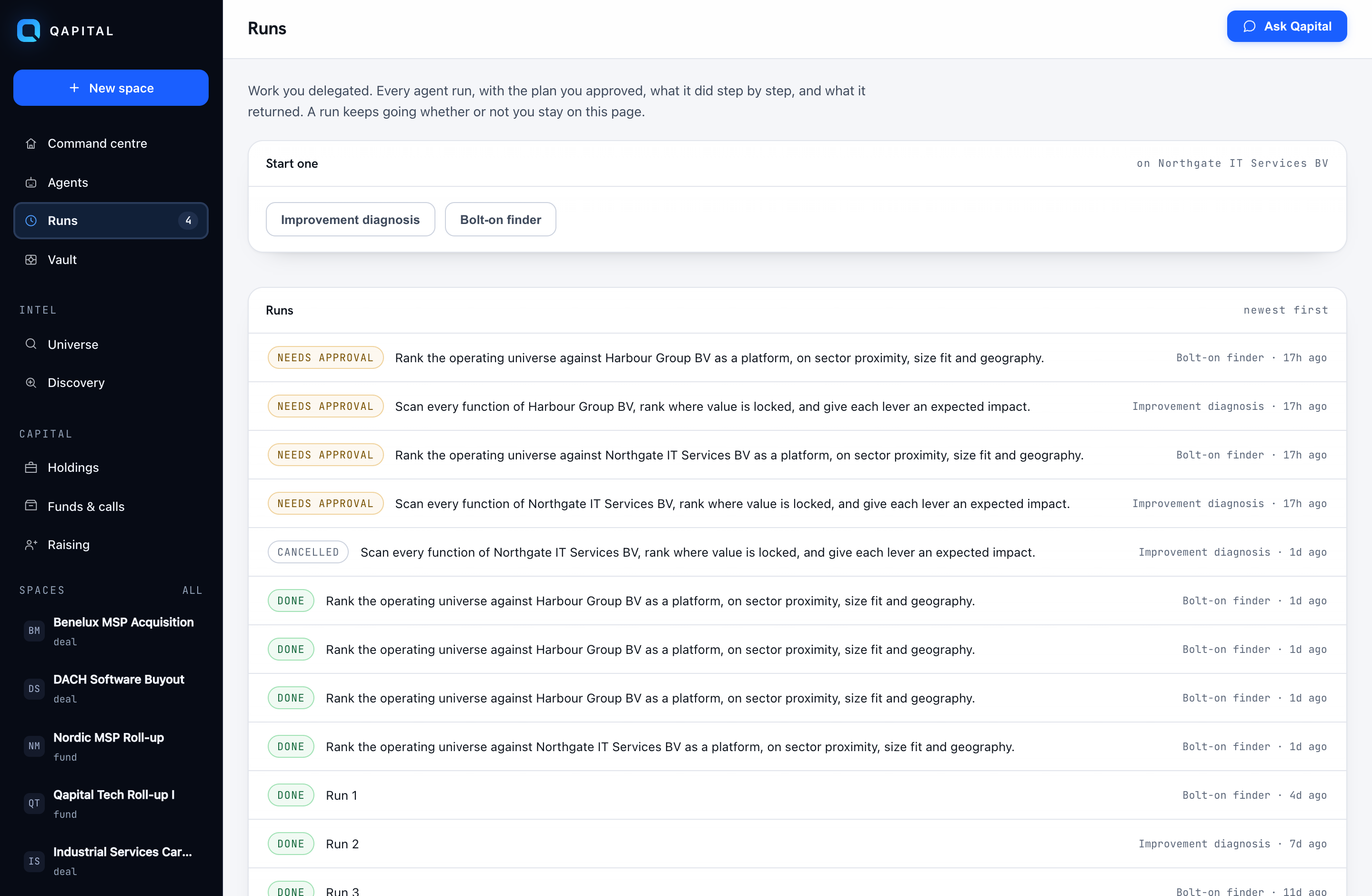 The runs screen listing agent runs with their status and what each one did.