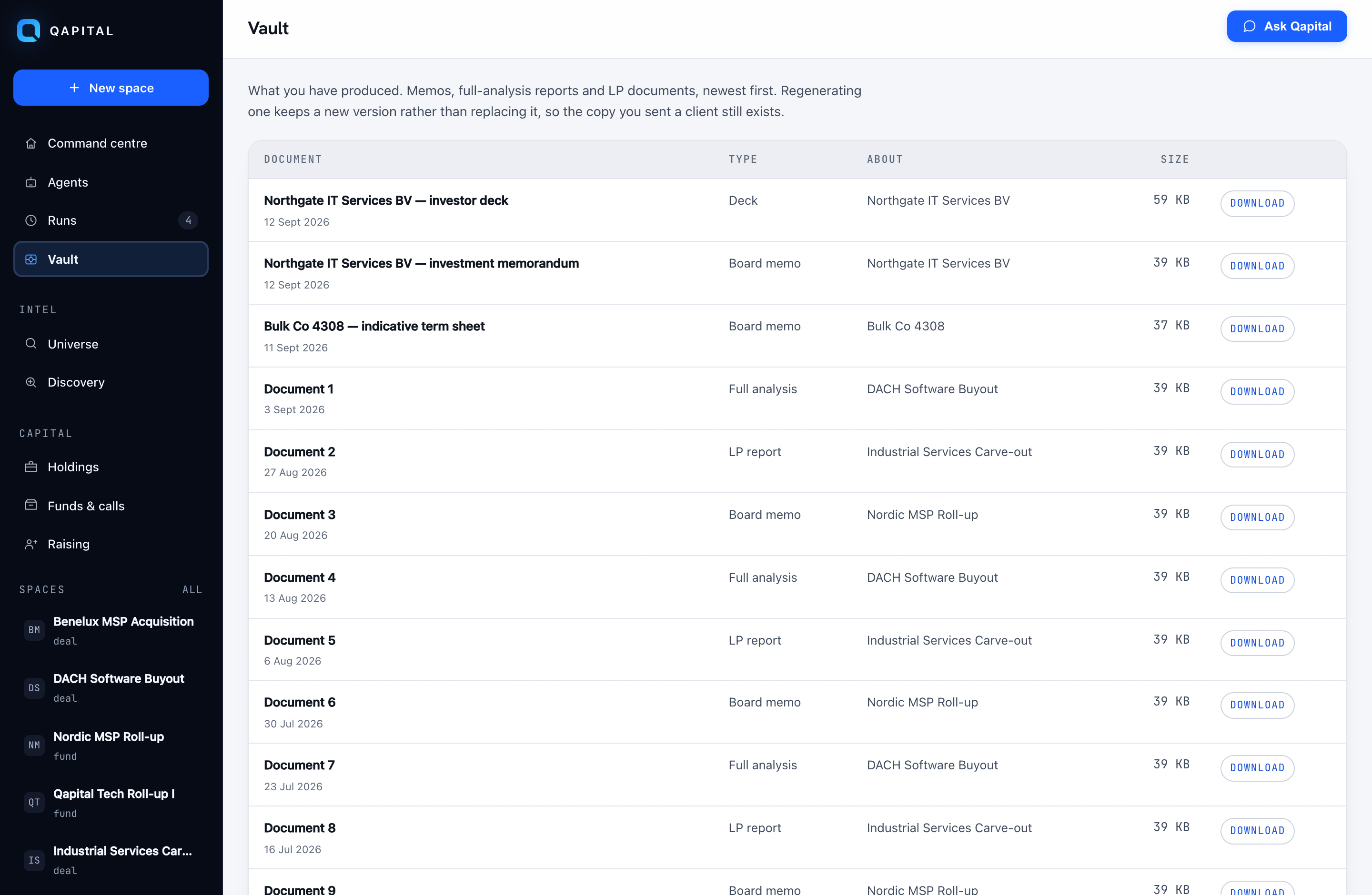 The vault listing produced documents with their type, the company they belong to and their size.